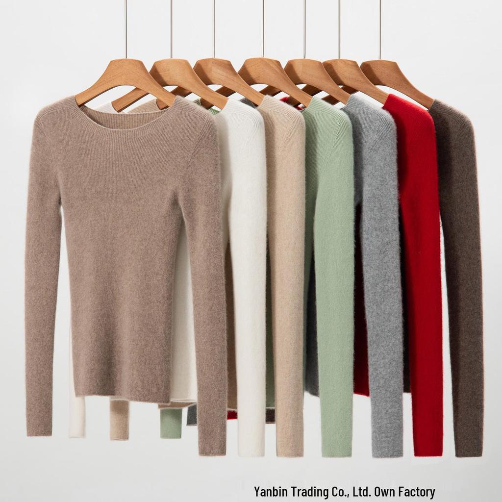 Women's Slim Fit Pure Cashmere Ribbed Sweater - Flattering Versatile Warm Round Neck Knitwear with Long Sleeves