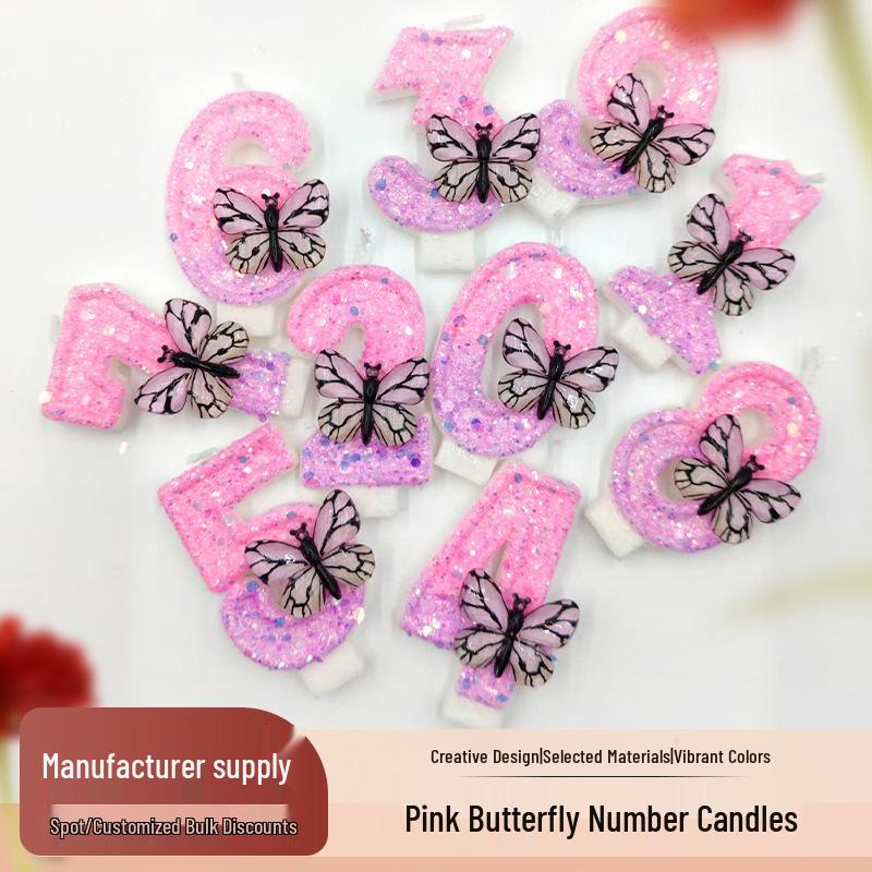 Pink Butterfly Princess Birthday Number Candles - Individually Packed and Creative Party Decorations
