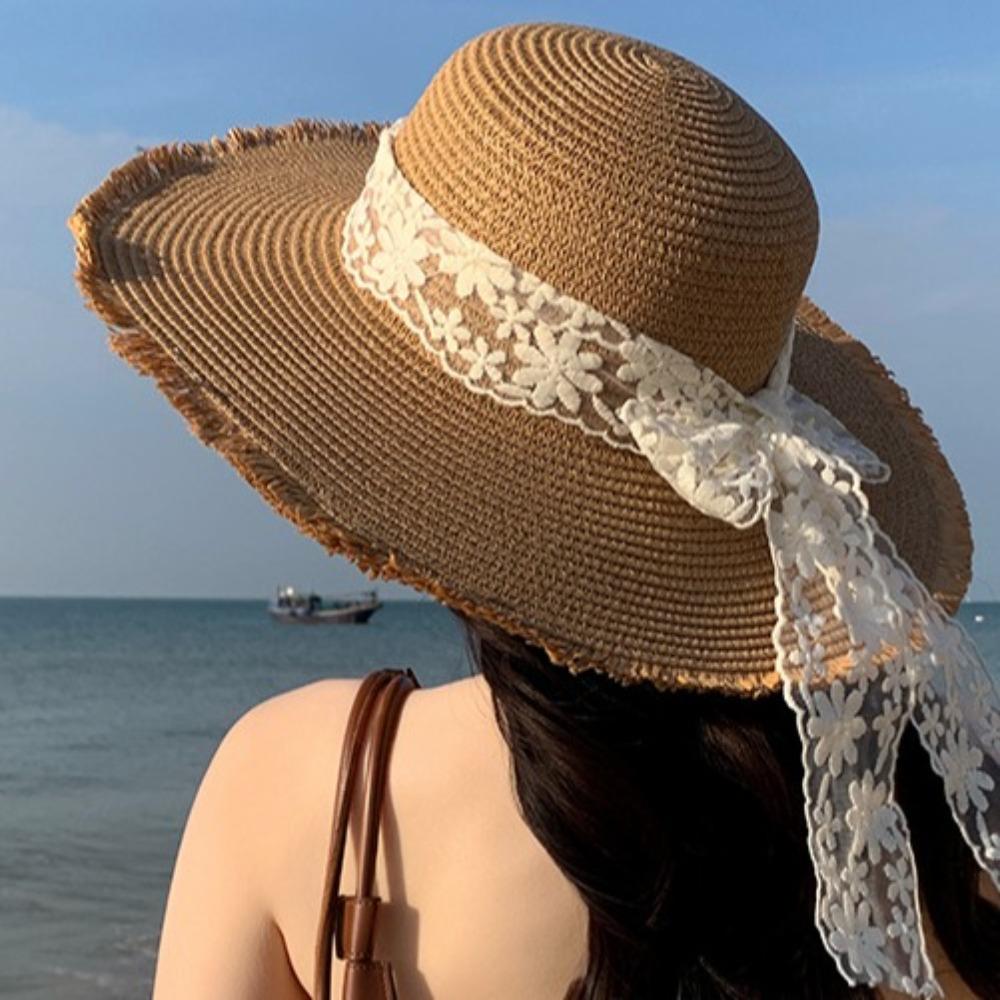 Breathable Wide Brim Sun Hat Large Brim Sunshade Cap Vacation Lace Bowknot Straw Hat  Woman