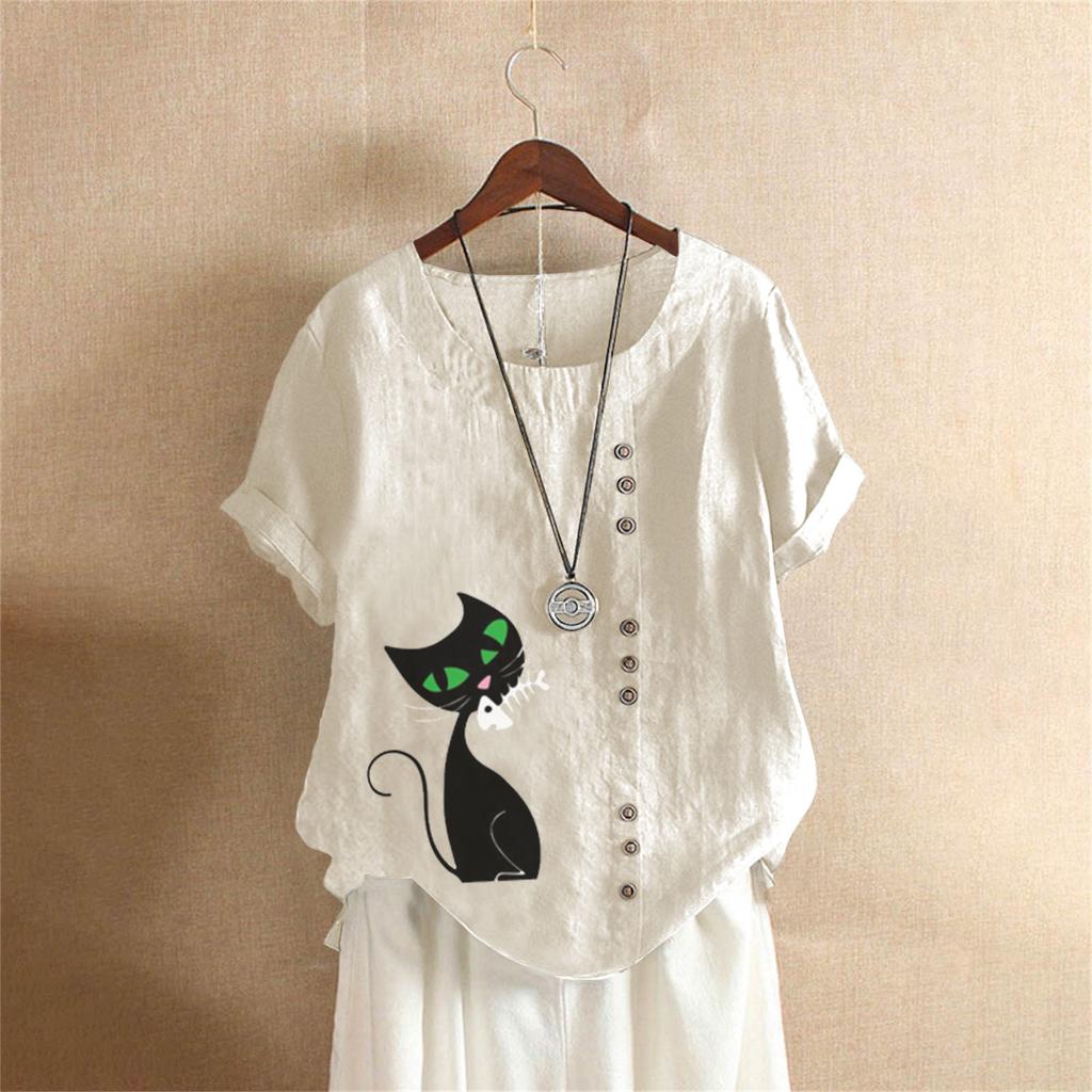 Summer Oversized Cotton and Linen Short-sleeved T-shirt, Cotton and Linen Cat Printed Oversized Women's Clothing
