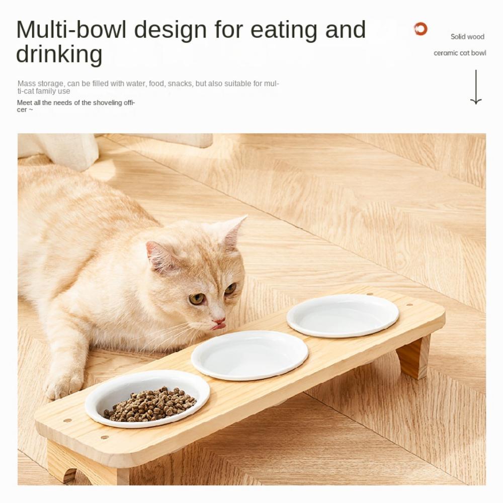 Protect Cervical Spine Elevated Pet Feeder with Wood Stand Tilted Cat Dish Ceramic Cats Bowl  Water