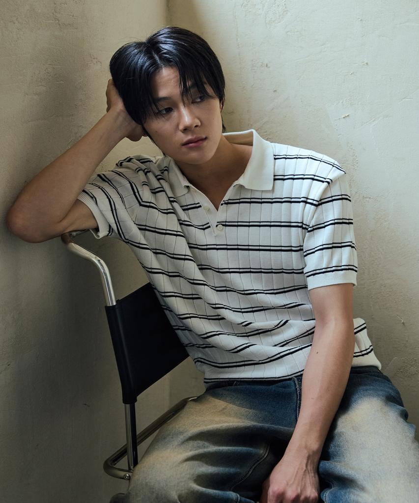 NODU Collar Block Stripe Short Sleeve Knit [Ivory]