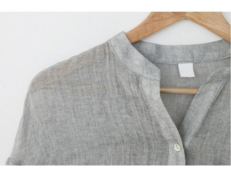 Women's Summer Seven Sleeve Loose Cotton Linen Stand Collar Blouse