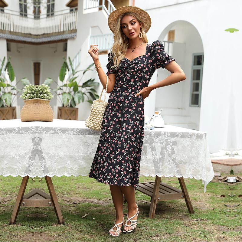 YYFS Dámská móda Léto Jaro Květinový potisk Neformální šaty s krátkým rukávem a výstřihem do V s vysokým pasem