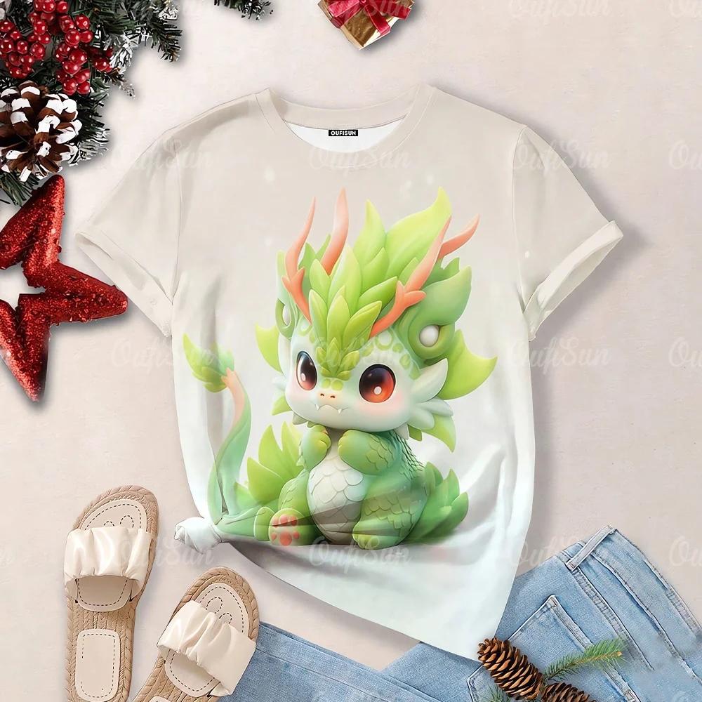 Cartoon Dragon Print T-Shirt Children's T-shirt Summer O Neck Short Sleeve Tees Female Oversized Harajuku Clothing Casual Streetwear Tops