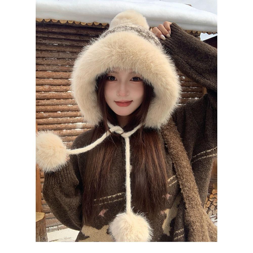 56cm to 58cm Head Circumference Fluffy Knitted Hat Ear Protection Hat Cold Weather