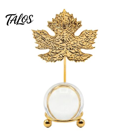 Light Refraction Ornament Faux Crystal Ball with Gold Leaf Stand, Metal Statue Clear Sphere Transparent Decorative for Office, Bedroom, Entryway,