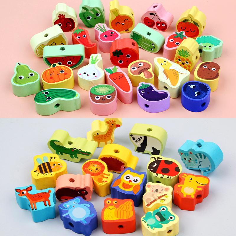 9-36Pcs Baby Wooden Toys Cartoon Fruit Animal Stringing Threading Wooden Beads Toy Monterssori Educational Toys For Kids