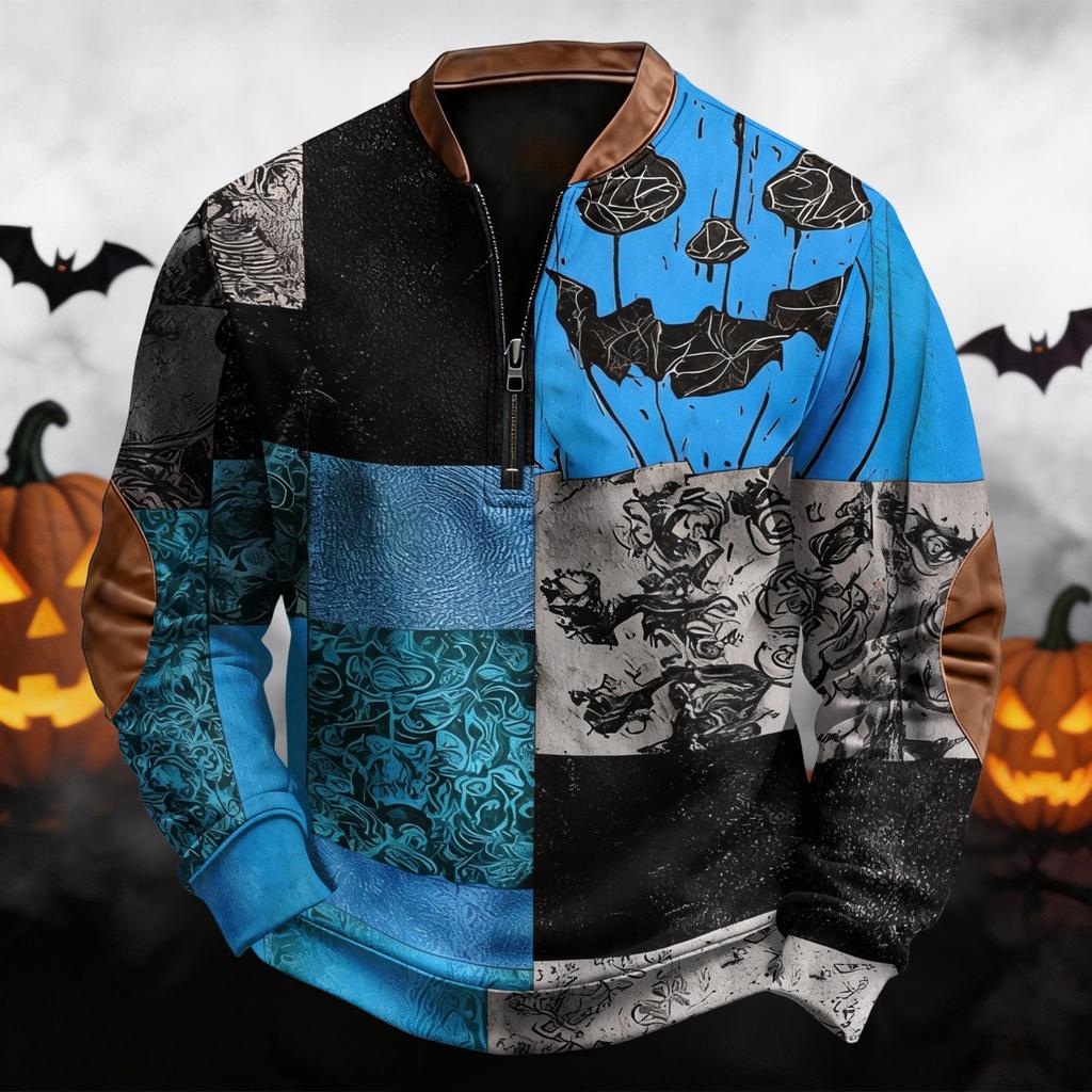 Men's Casual Retro Half Zip Long Sleeve Sweatshirt with Halloween Print