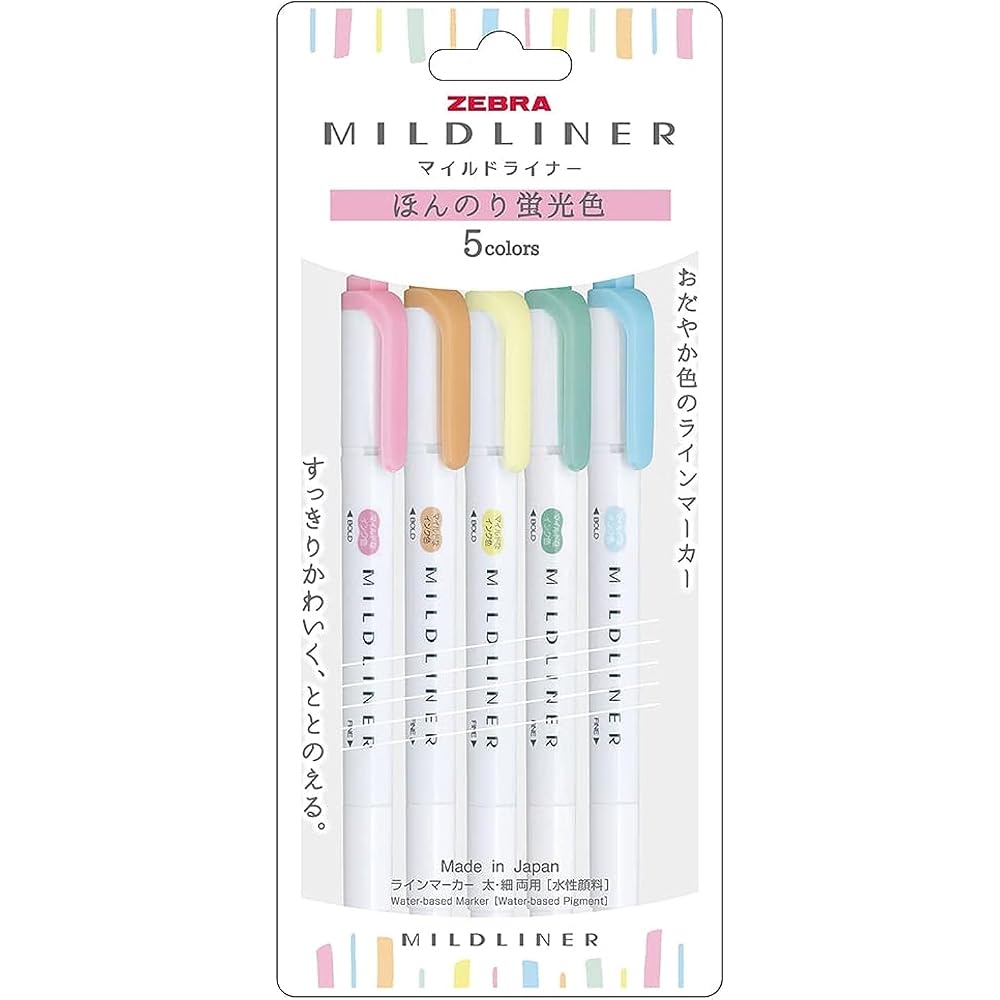 Zebra Highlighter Mildliner, 5 Slightly Fluorescent Colors, WKT7-5C-N