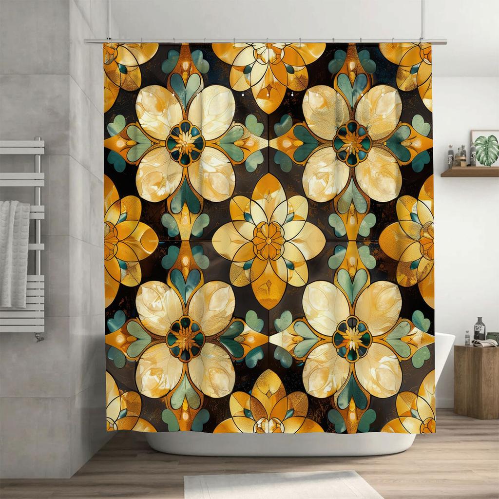 Luxurious Bath Curtain with Floral Print Modern Design Bathroom Decoration Shower Curtains for Home Decor (Black/Yellow/Green)