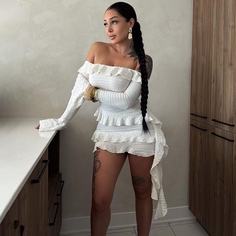 White Ruffle Bandage Mini Dress Women'S Off Shoulder Pleated Party Dress Strapless Long Sleeve Patchwork Mini Dress