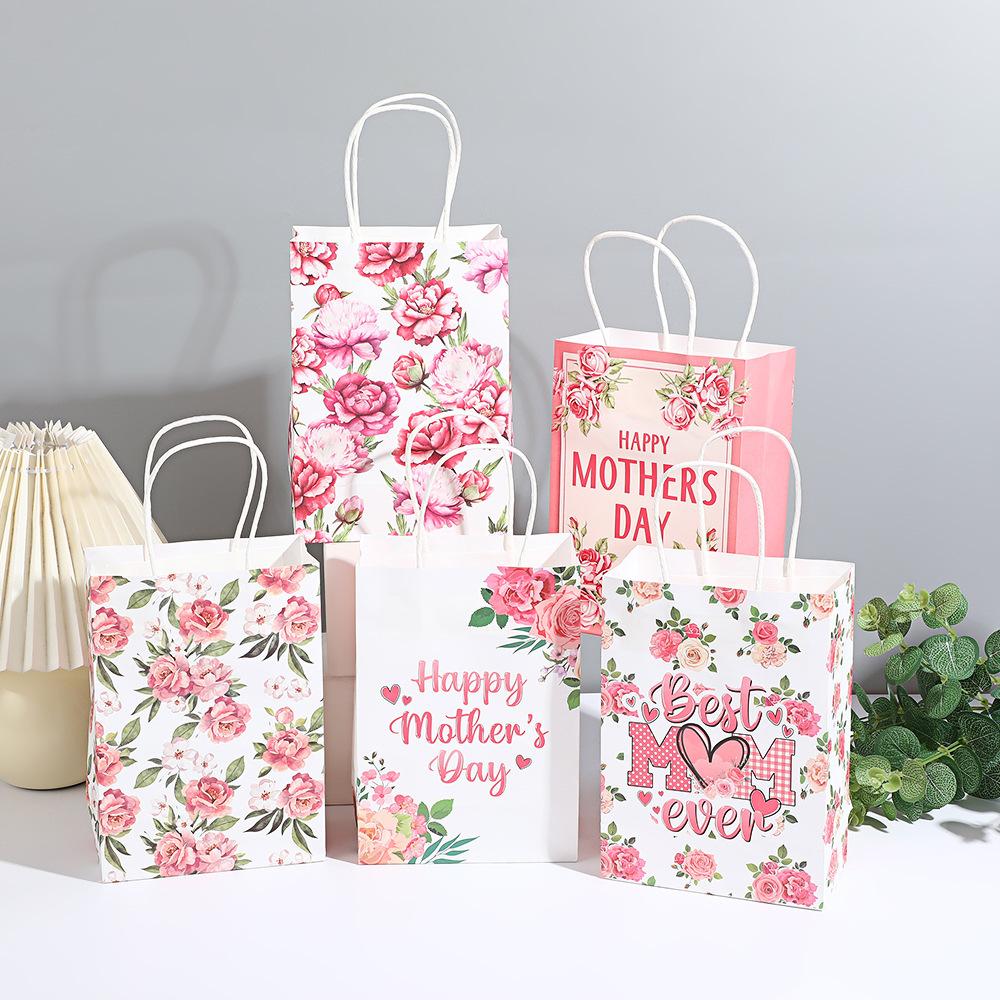 5Pcs Kraft Paper Shopping Bags with Floral Print Ins Style Plant Pattern Handles Gift Packaging Bags Souvenir Bags Store Retail Shopping Bags