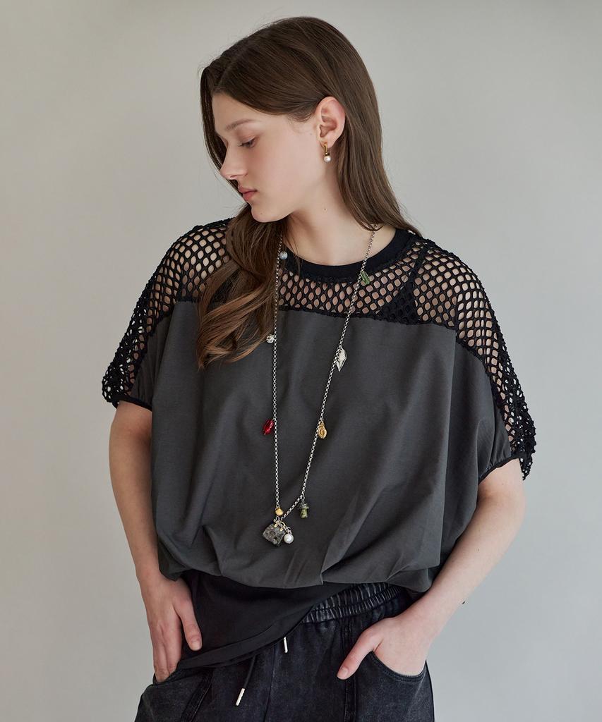 MAXZA Mesh Contrast Elastic Waist Loose Fit Short Sleeve T-Shirt