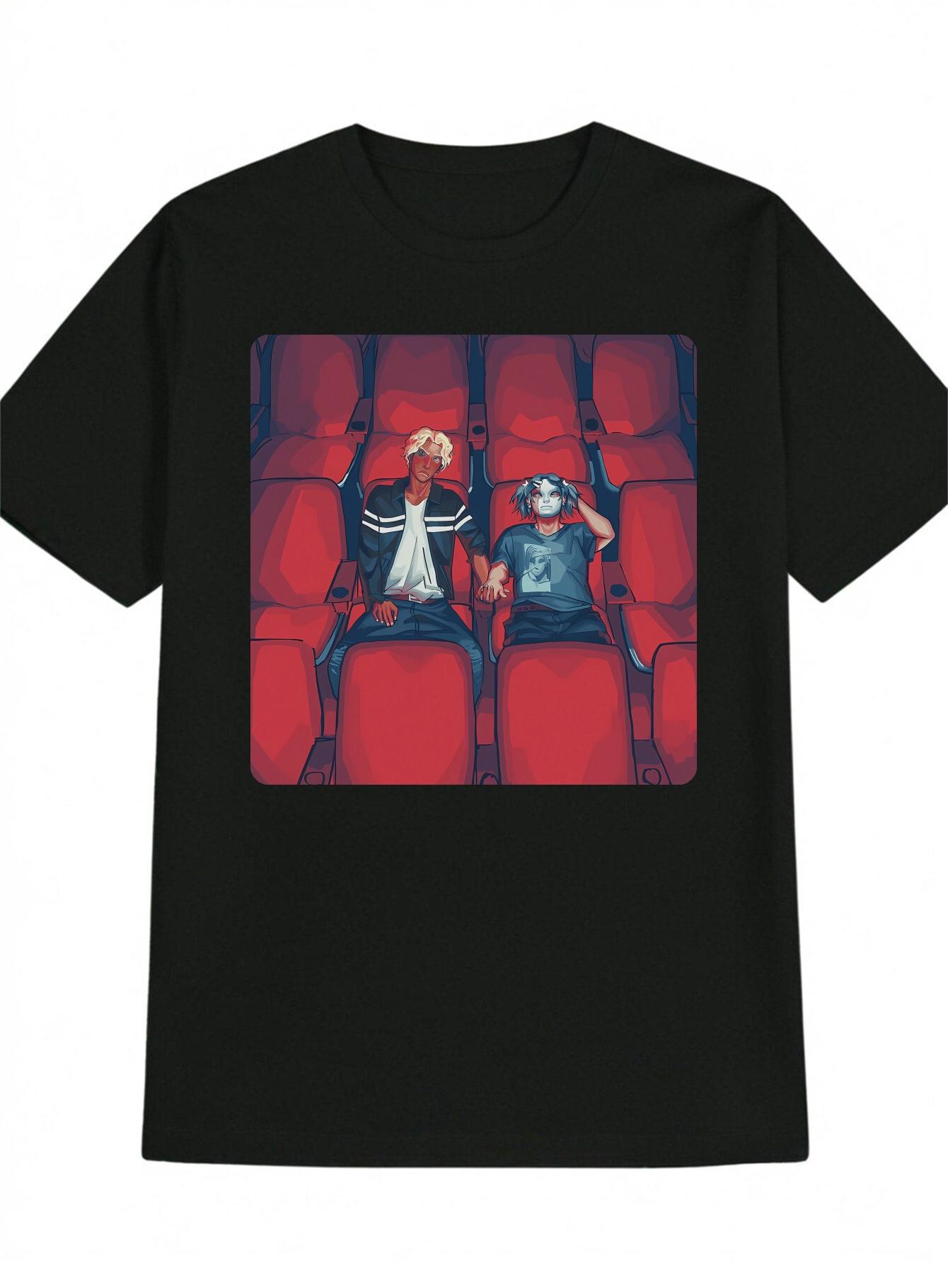 Casual Graphic T-shirt - Black Summer Tee with Vibrant Cinema Scene Print XL