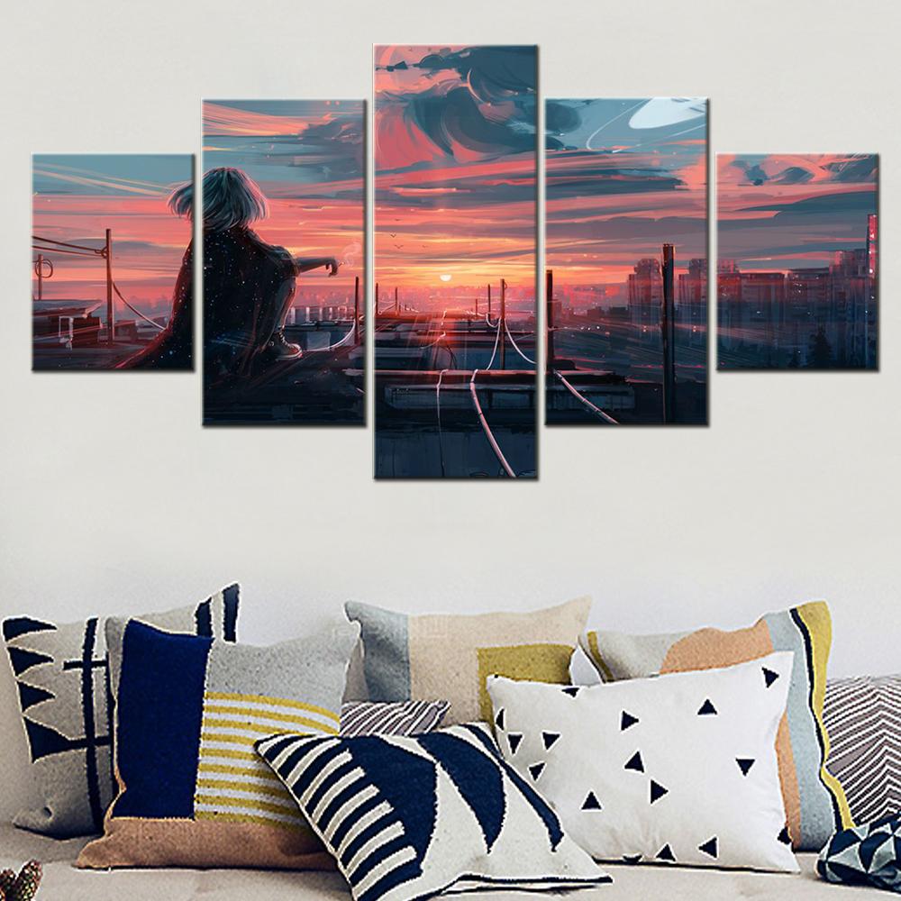 5 Stück Leinwand Wandkunst Stadtlandschaften Poster Malerei Fern von Morgen Tapete Heimdeko Bilddruck Wohnzimmer Kunstwerk Ohne Rahmen