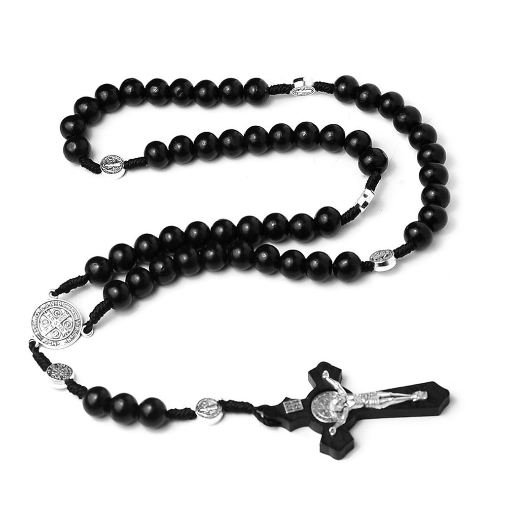 Wood Bead Cross Rosary Necklace Bead Chain Pendant Ornaments for Home Church Yoga Room Decorations Gift