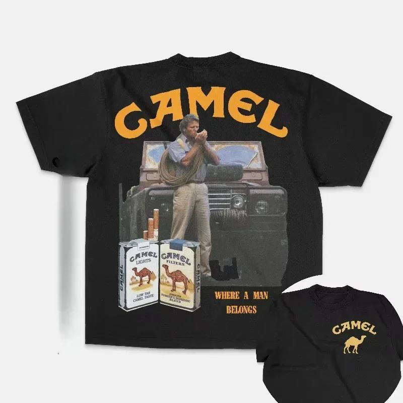 Retro Car Camel Cigarettes T-Shirt Vintage Cotton Tops Tees Short Sleeve Casual Streetwear Oversized Women Clothing Harajuku