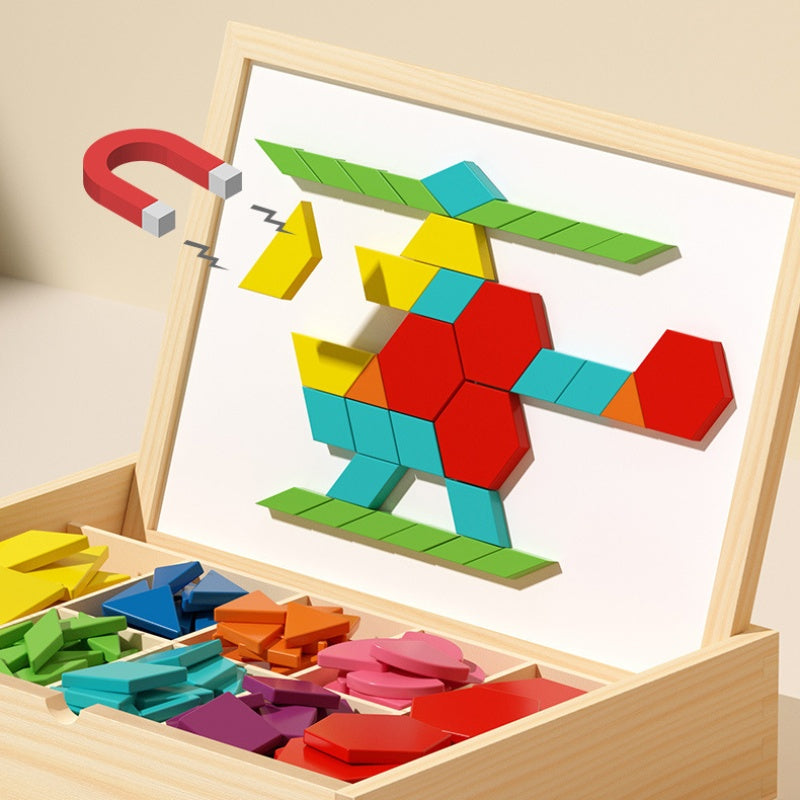 Creative Magnetic Geometric Puzzle Blocks Set Wooden Puzzles Kindergarten Classic Educational Montessori Tangram Toys for Kids