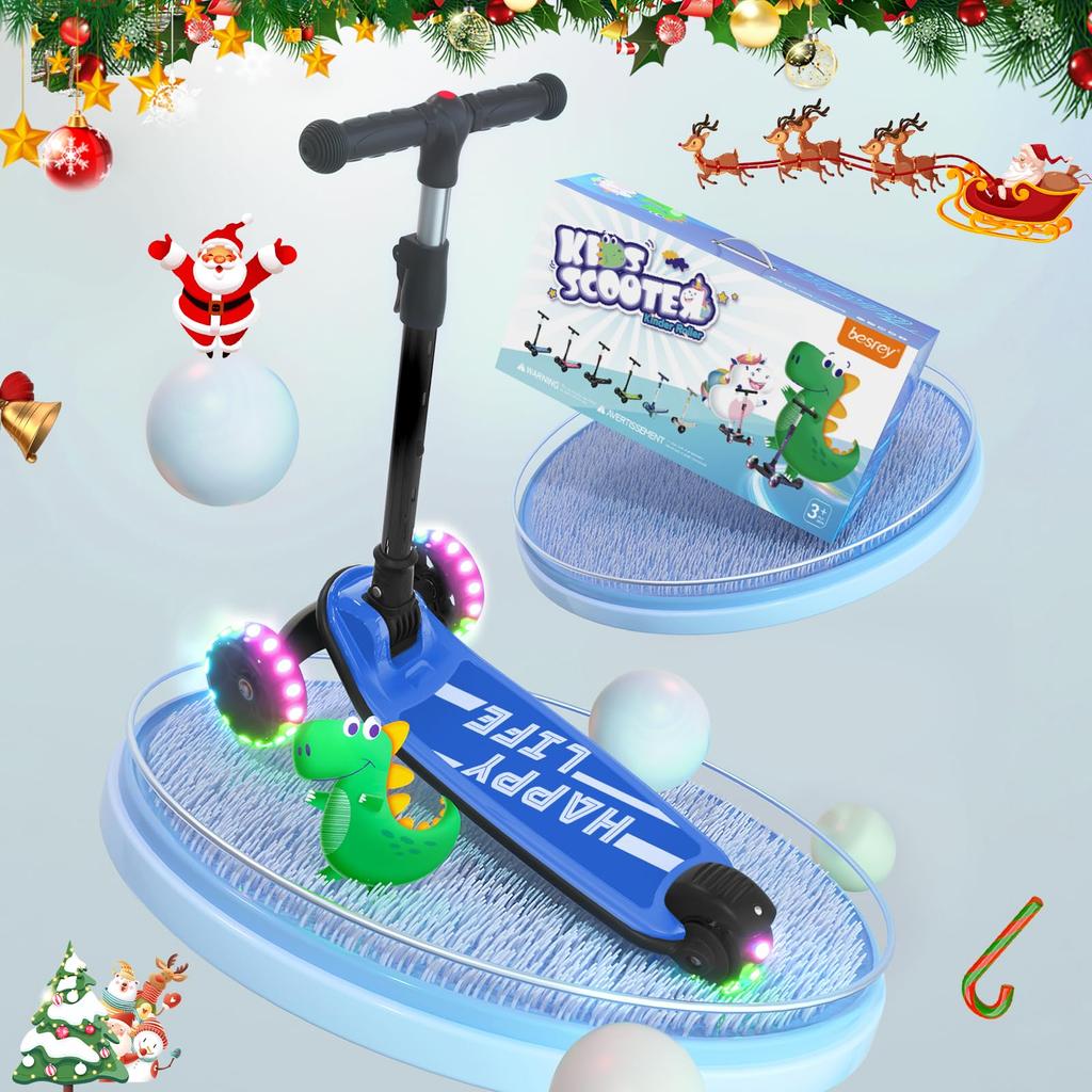 Besrey Kick Scooter for Adjustable Rear Lights Kids, 3-Wheel Type, 4-Stage Height, Turning, Brake, Light-Up