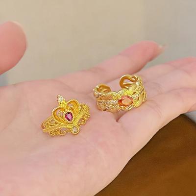 Medieval Vintage Light Luxury Love Crown Open Ring Zircon Exquisite Elegant Retro Court Style Index Finger Ring