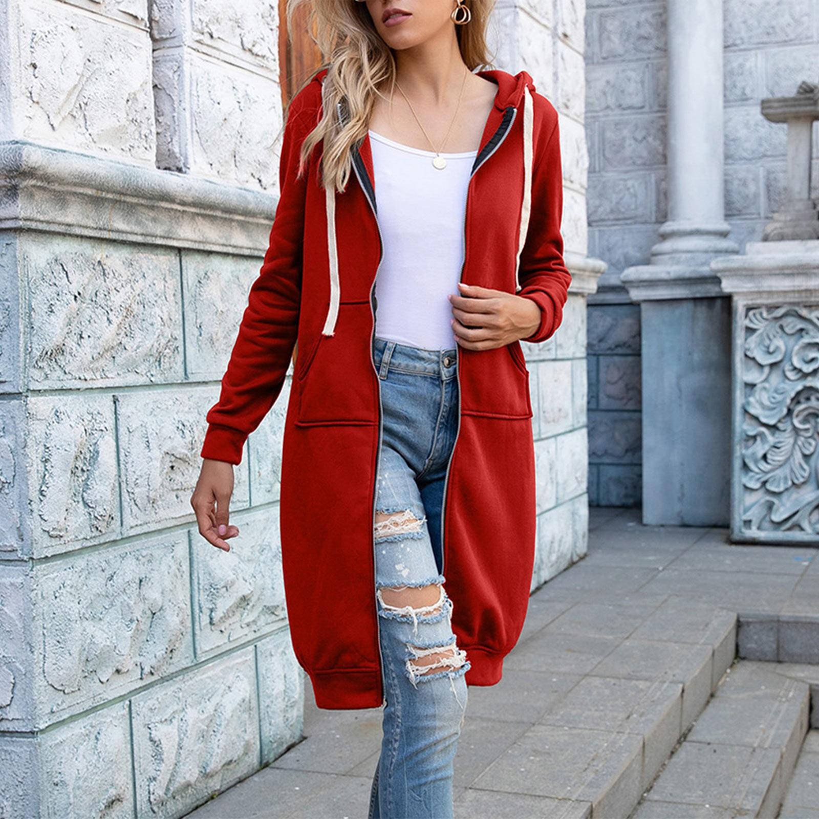 

Новое модное женское однотонное облегающее пальто средней длины с застежкой-молнией и круглым вырезом, с длинным рукавом и капюшоном XL красный