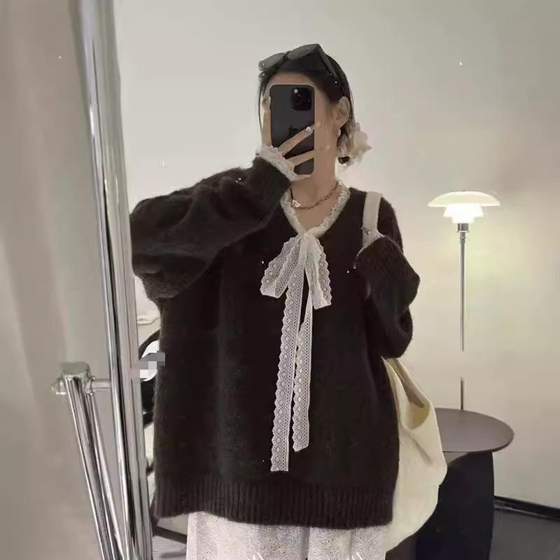 Premium sense v-neck long-sleeved knitted pullover sweater women's autumn and winter new soft waxy lace lazy wind knitted sweater