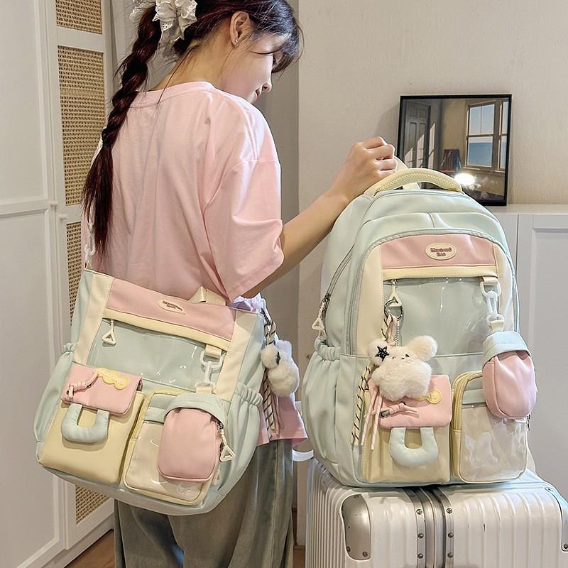 Schoolbag new Japanese ins fresh and sweet contrasting colors splicing bar pain bag girl junior high school students large capacity backpack