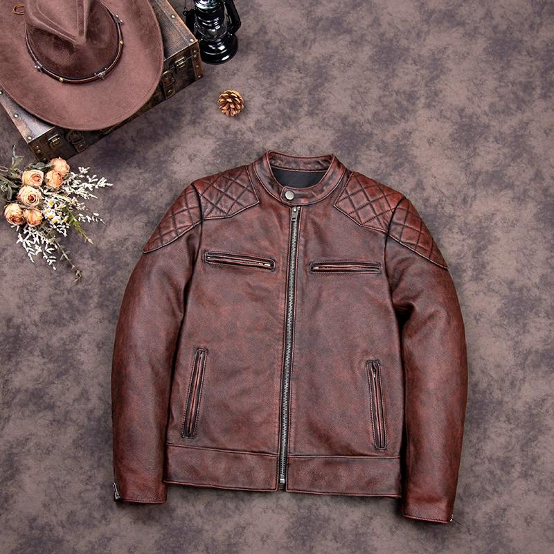 

Китайский размер Amei Kaki Vintage Brown First Layer Natural Cowhide Мужская кожаная куртка для мужчин, приталенная байкерская куртка, осень 5XL