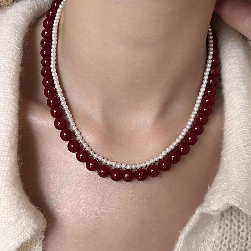 S925 Sterling Silver Encore Red Simulated Pearl Necklace for Women - Festive Autumn/Winter Sweater Chain