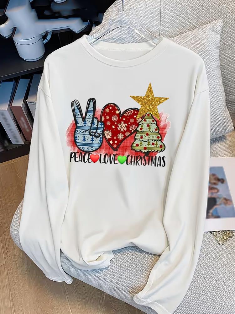 (Asian Size) Lovely Tree Print T Shirt Christmas New Year Graphic Tee Women Autumn Winter Casual Fashion Top Clothing Long Sleeve T-shirts