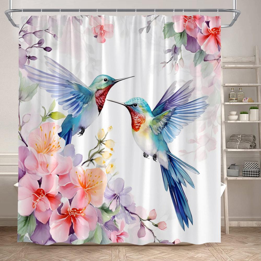 

Natural Flowers Shower Curtain Watercolour Floral Butterfly Hummingbird Green Leaves Plant Bath Curtain Polyester Bathroom Decor W60H190(CM)-1 Pcs