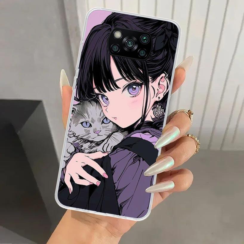 Anime Girls Cute Black Cat Phone Case for Xiaomi Poco X5 X6 X7 Pro F7 Ultra M7 Redmi 15 15C 13 13C 12 12C 10 10A 10C 9 9A 9C 9T