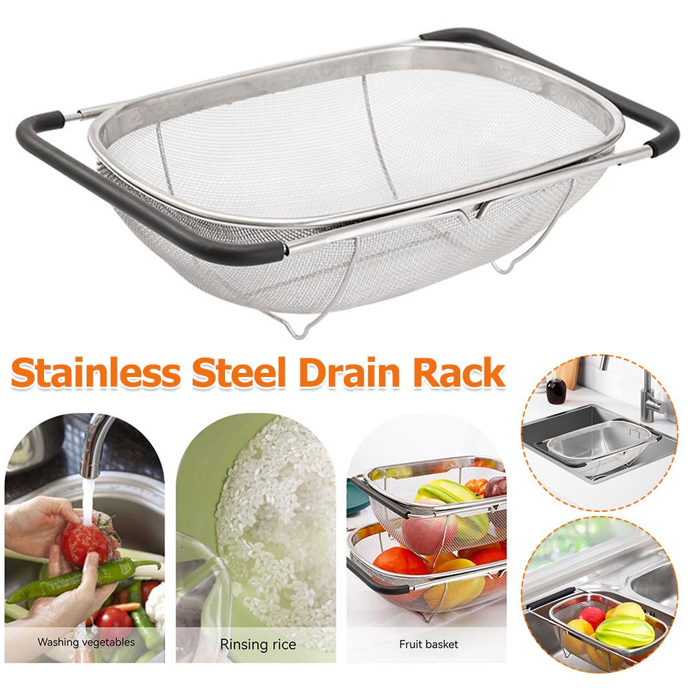 Stainless Steel Colander Strainer with Expandable Handles Collapsible Filter Basket Rectangular Fine Mesh Sieve Kitchen Supply