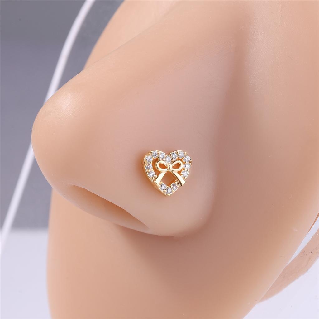 20G L Shaped Nose Studs Rings for Women Girl Gold Silver Cute Heart Bow Design CZ Nose Pin Screw Nose Piercing Jewelry