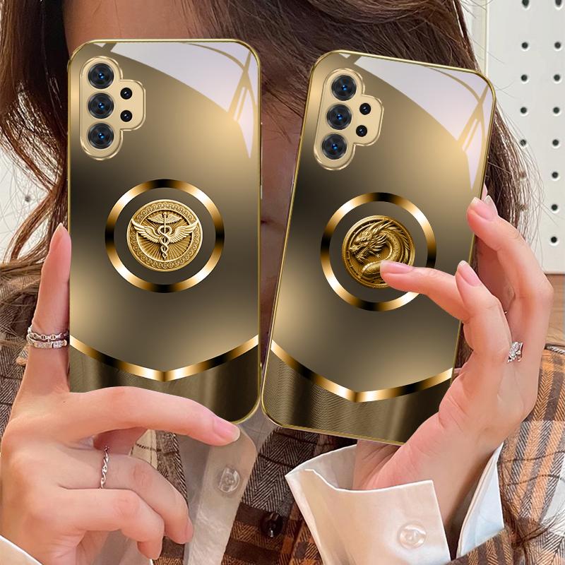 Circular golden eagle For Samsung A 31 32 A33 A34 35 14 A15 13 A16 25 A26 50 52 53 54 55 56 70 71 72 73 Golden glass phone case