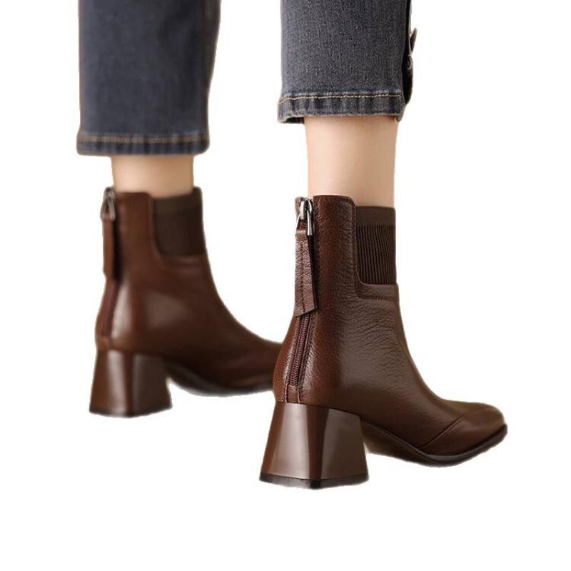 Retro Autumn and Winter Knitted Small Short Boots Women's New Thick Heel Square Head Martin Boots Thin Cotton Boots