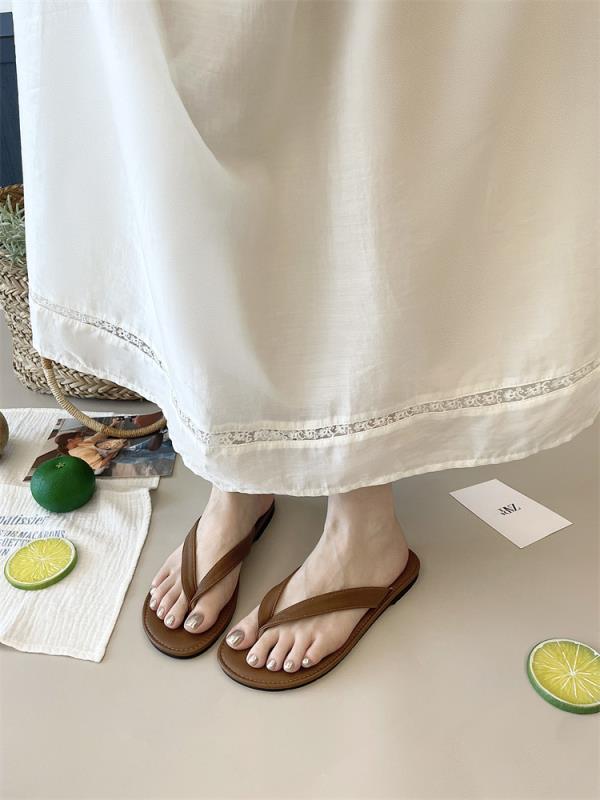 Fashion Shoes Slippers Soft Slipers Women Slides Low Rubber Flip Flops Comfort 2025 Flat Hawaiian Hoof Heels PU Round Toe Rome Casual Fa