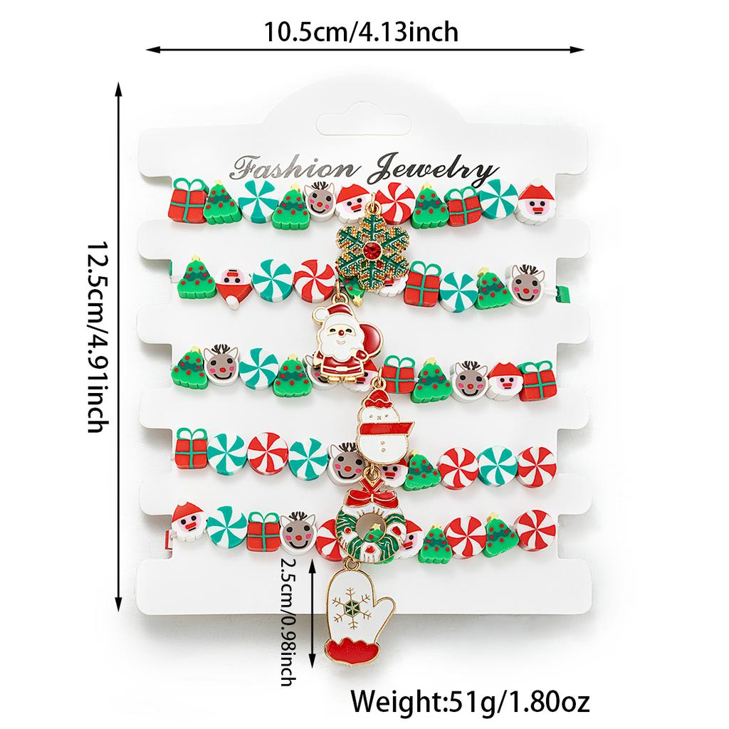 5 Pieces of Christmas Soft Pottery Bracelets, Cute Oil Dripping Snowman, Santa Claus Gloves Pendant, Multiple Bracelets