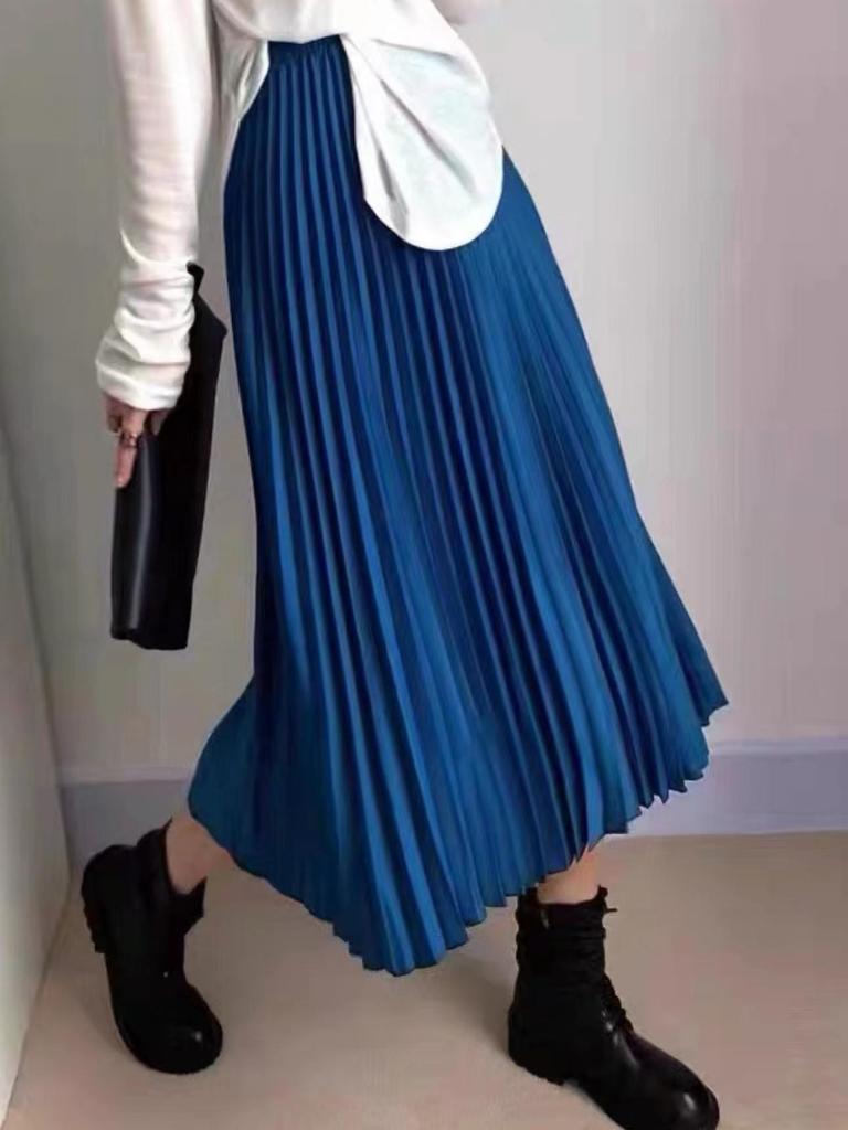 Pleated Midi Skirt, Wool-blend, Thick and Flowing, Solid Color Slimming A-line Silhouette