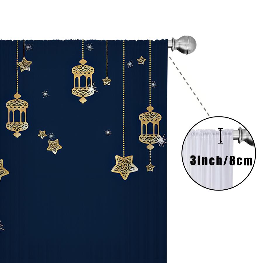 Single Panel Tibetan Blue Bottom Golden Star Moon Lantern Curtain Ramadan Festival Style Living Room Bedroom Transparent Polyester Ideal For Sitting