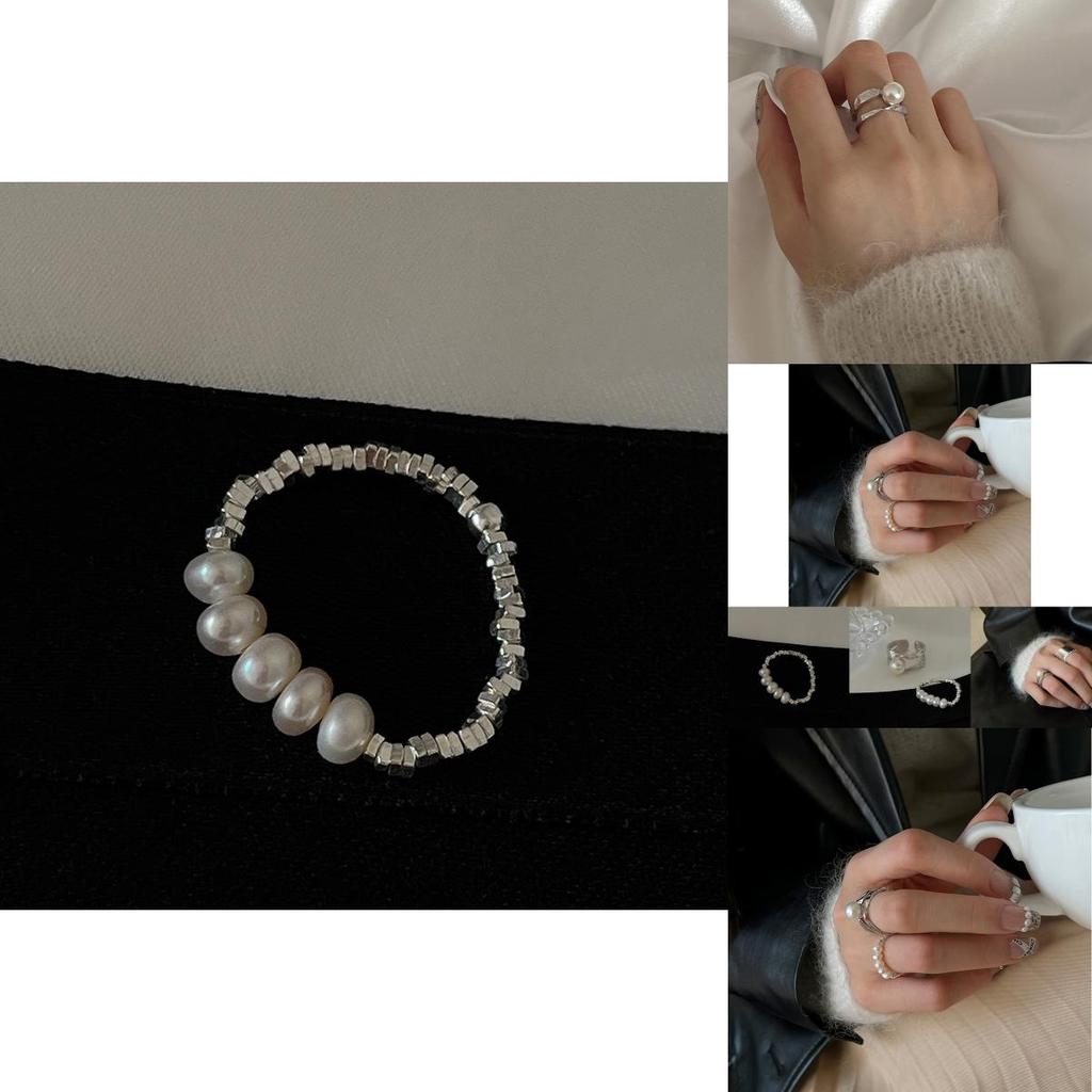 Stylish Double Layer Pearl Fragment Silver Beaded Ring For Women With Unique Geometry