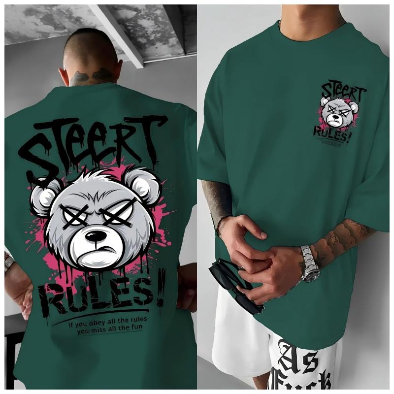 

Men s Fashion Summer Angry Bear Letter Print Comfortable Breathable Round Neck T-shirt Outdoor Street Style Top XL
