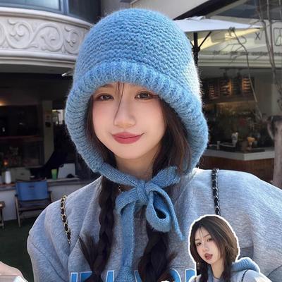 Korean Solid Color Winter Balaclava Hat Outdoor Cold Ear Protection Cycling Windproof Lace-Up Knitted Beanie Cap