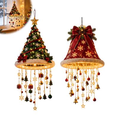 Holiday Chandelier Light Lighted Christmas Ceiling Hanging Decor, Pre-Lit Tree Bell Pendant with Decorative Lights Warm LED, Porch Doorway Ornament,