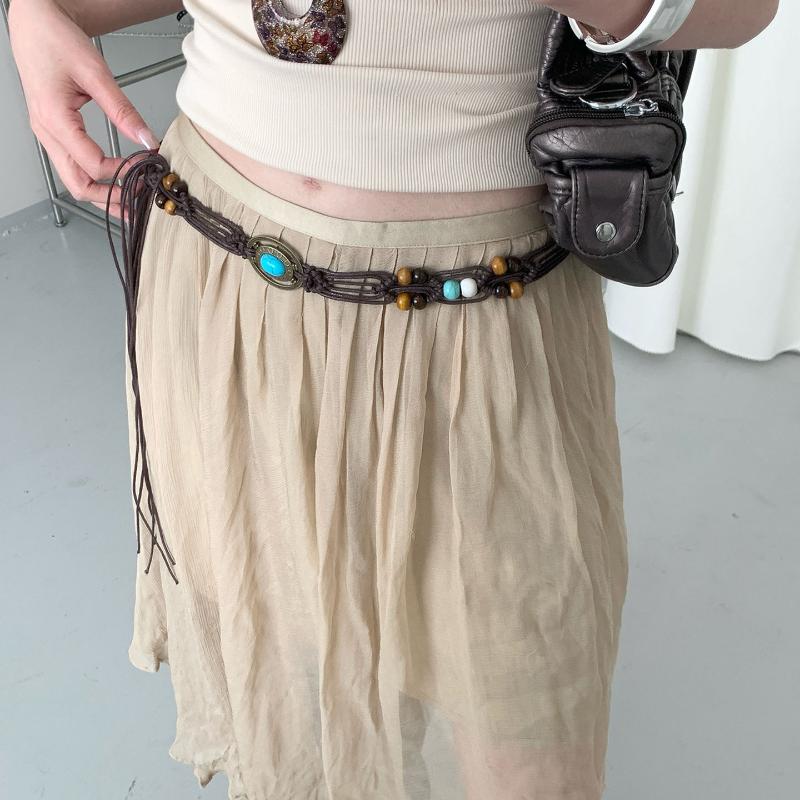 Boho Ethnic Style Beaded Waist Rope High-Quality Braided Belt For Dresses Skirts, Adjustable Waistband For Beach & Casual Outfit