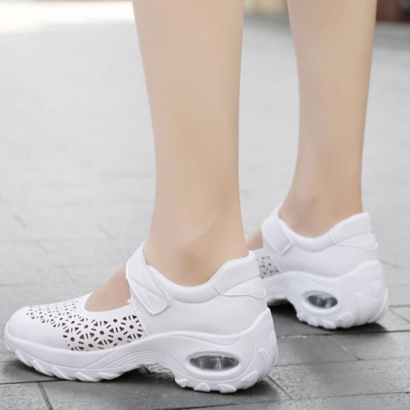 Breathable Women's Walking Shoes Hollow-out Platform Shoes Air-cushion Ladies Casual Shoes Elastic Wedges