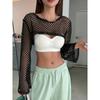 Mesh Solid Color Hollow Top Spring and Autumn Long-sleeved Hollow Ultra-short Casual T-shirt for Women