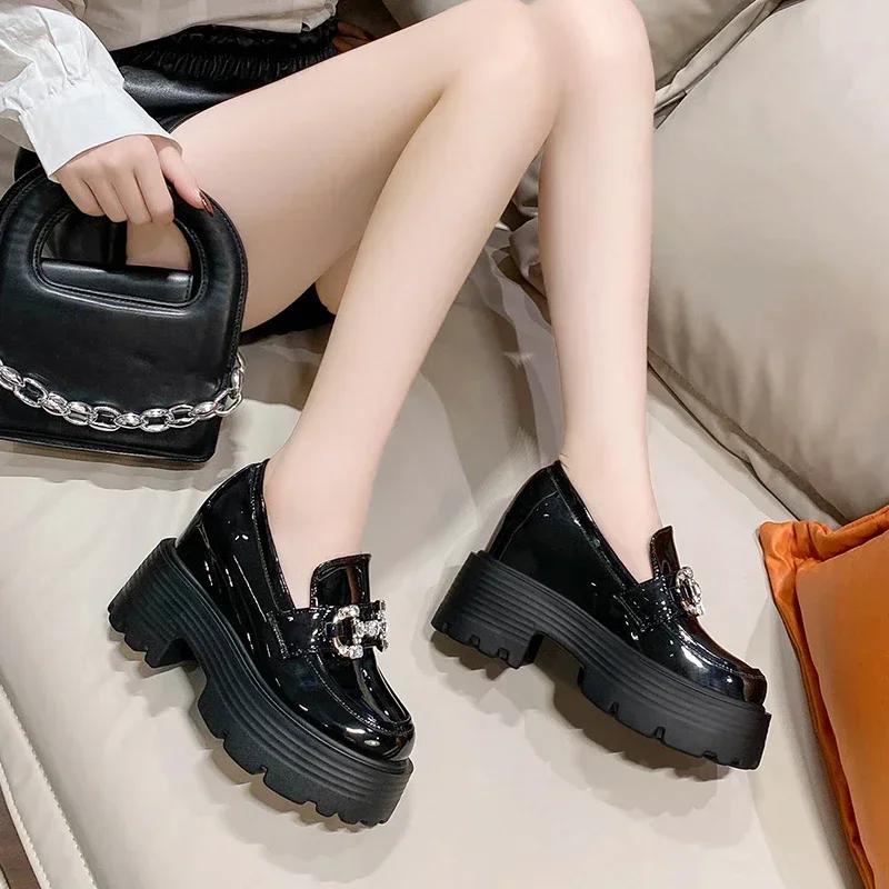 10CM New Autumn Heels Leather Chunky Shoes Women Diamonds High Platform Sneakers Black Tennis Female Vulcanized Shoes Woman