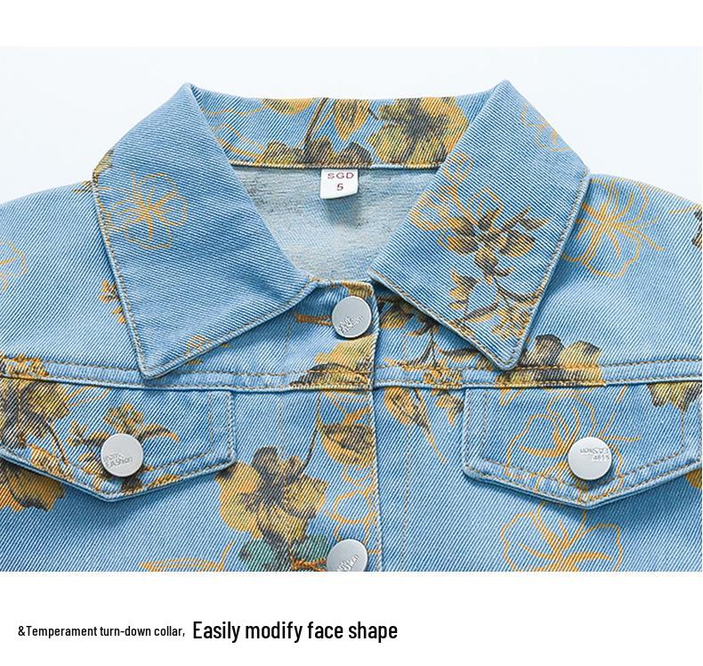 2025 Autumn Girls' Floral Denim Two-Piece Set – Trendy Wide-Leg Pants and Jacket